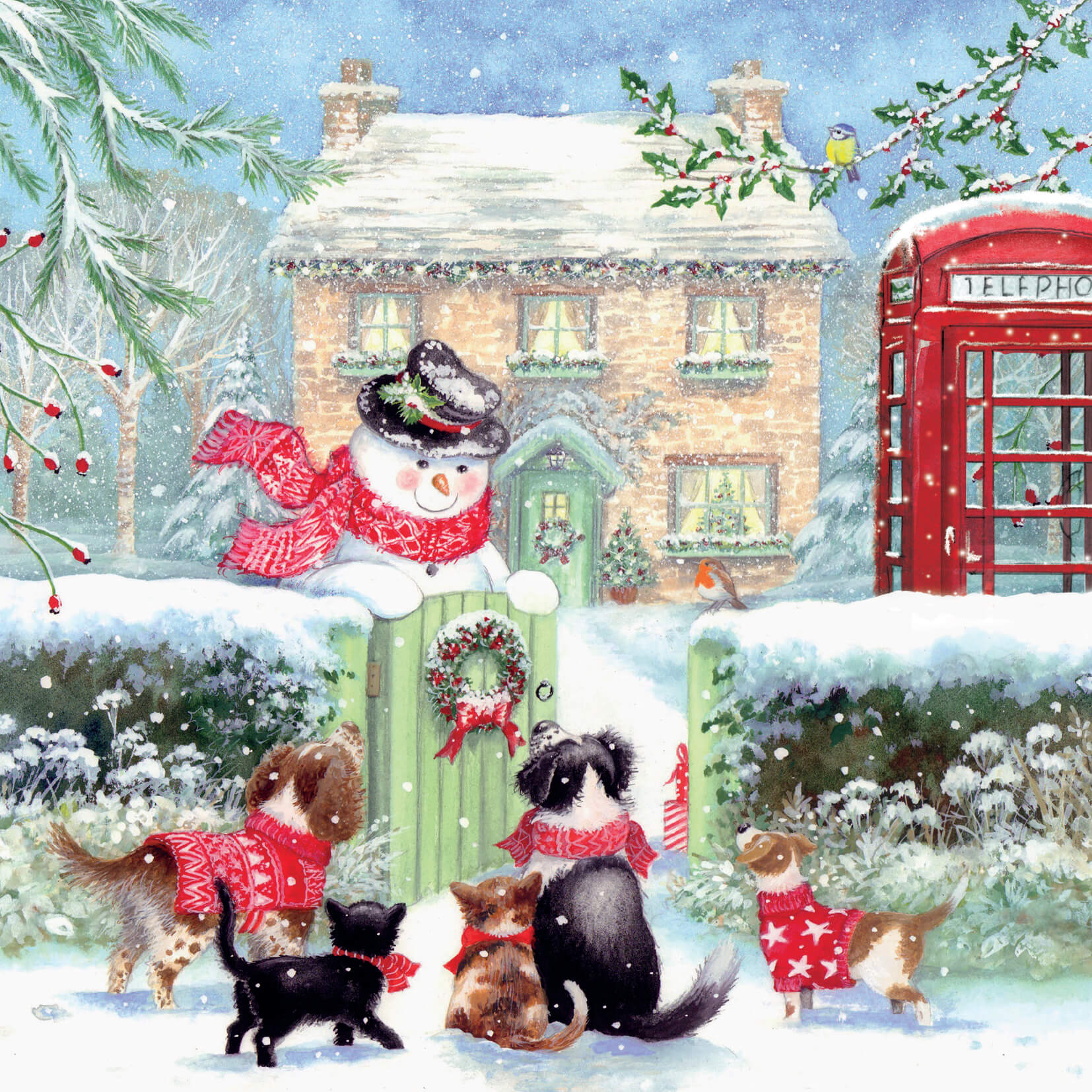 Christmas card showing a snowman with a red scarf opening a garden gate for dogs and cats with a red telephone box in the background